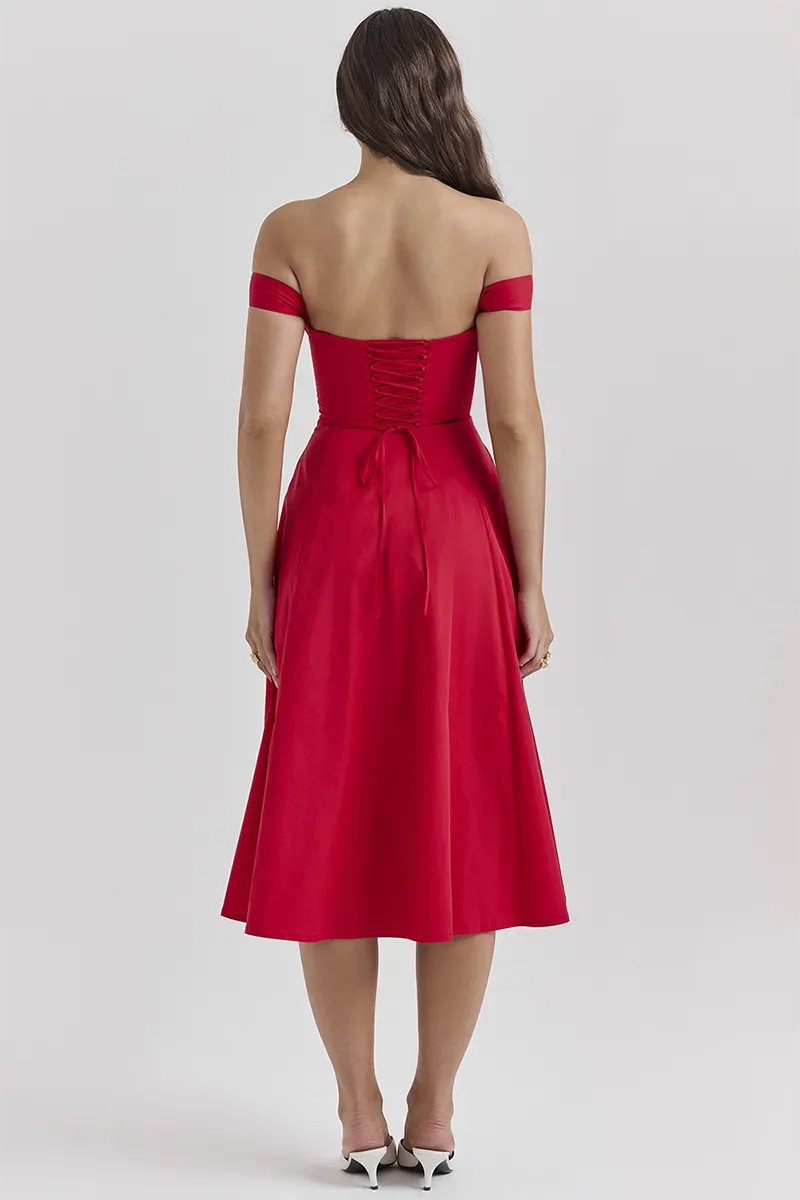 Robe Weitese trapèze/princesse simple sans bretelles, épaules tombantes, corset fendu, couleur unie, mi-longue, rouge